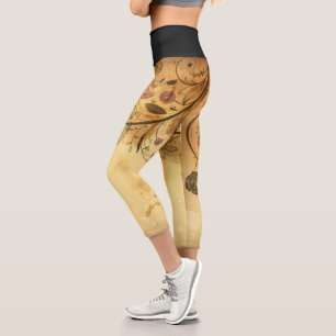 Coffee Brown Flourish Pink Roses Capri Leggings