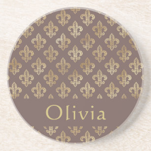 Coffee Brown & Gold Fleur De Lis Personalized   Coaster