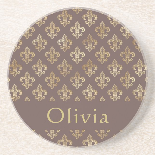 Coffee Brown & Gold Fleur De Lis Personalized   Coaster (Front)