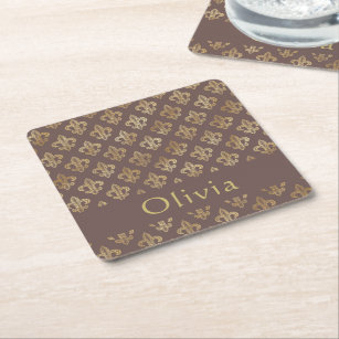 Coffee Brown & Gold Fleur De Lis Personalized Square Paper Coaster