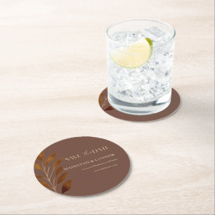 Coffee Brown Gold Leaf Wedding Save the Date Round Paper Coaster