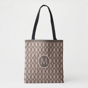 Coffee Brown Oval Pattern & Monogram on Beige Tote Bag