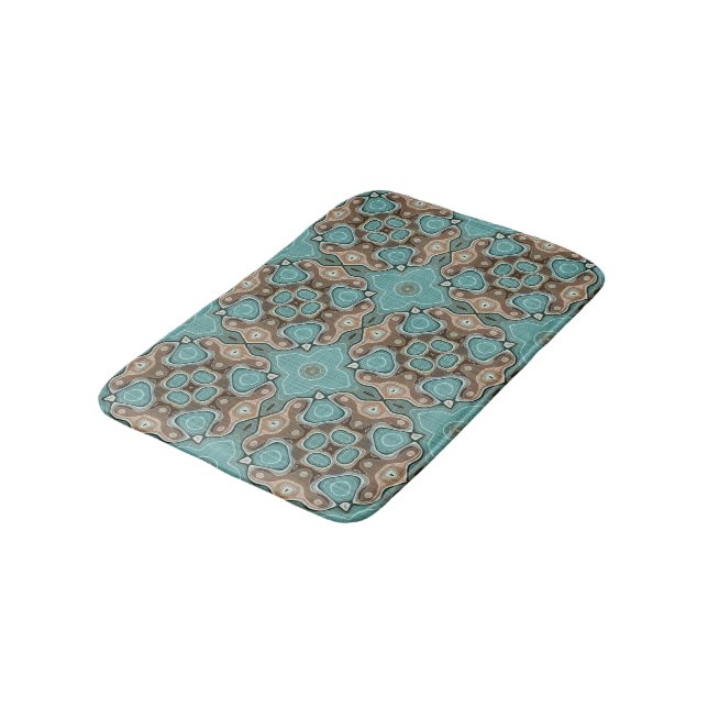 Coffee Brown Turquoise Green Bali Batik Pattern Bath Mat (Angled)