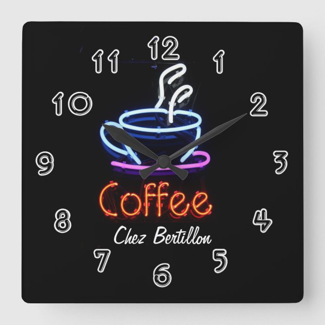 Coffee Cafe Neon Sign Personalized Square Wall Clock (Front)