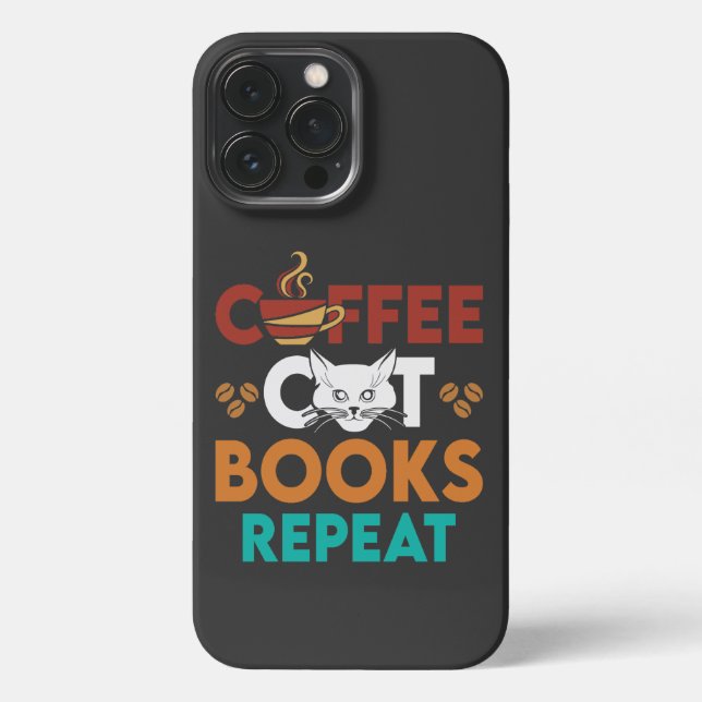  Coffee Cat Books Repeat, Coffee reading Cat Lover iPhone Case (Back)