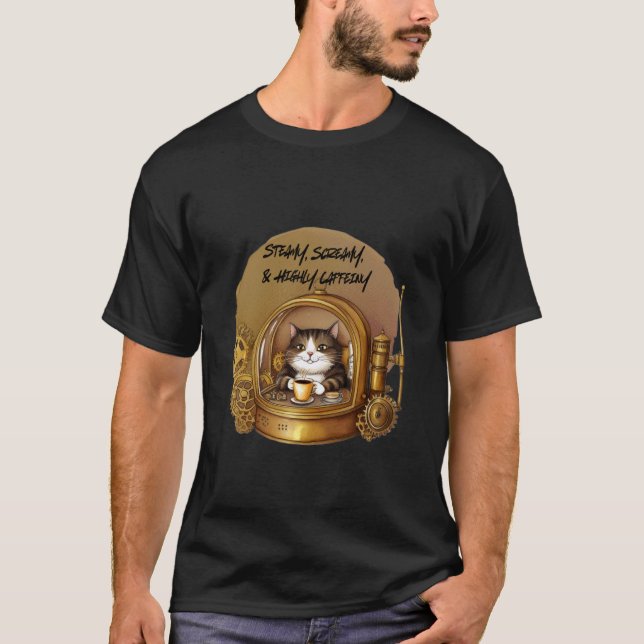 Coffee Cat Time Machine Retro Cafe T-Shirt (Front)