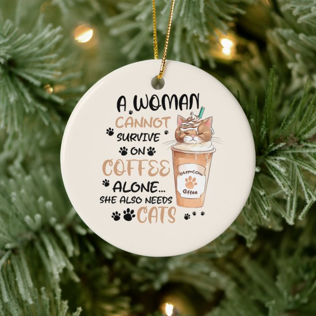 Coffee & Cats – Cute Kawaii Art Ceramic Ornament (Tree)