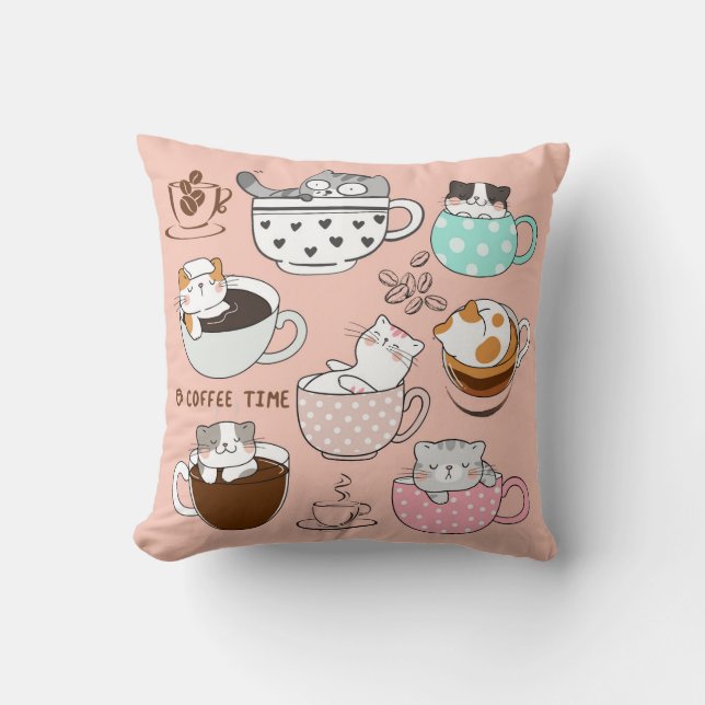 Coffee Cats Funny Throw Pillow (Front)
