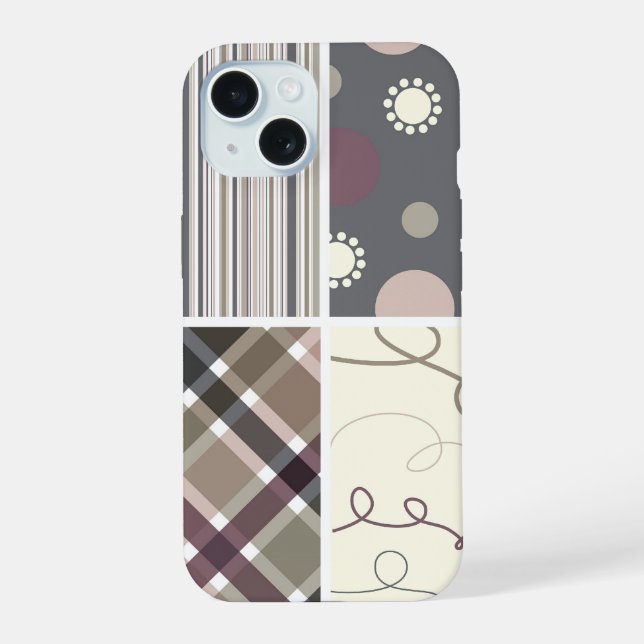 Coffee Check Plaid Dots Scribbles Stripes Pattern iPhone 15 Case (Back)