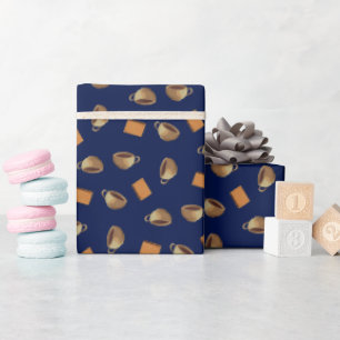 Coffee & Chocolate Biscuits Pattern Navy Blue Food Wrapping Paper