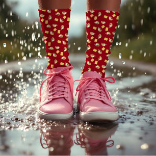 Coffee Chocolate Biscuits Pattern Red Brown Food Socks