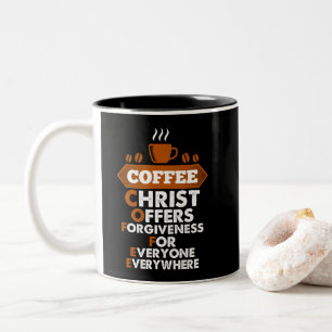 Coffee Christ Offers Forgiveness For Everyone Two-Tone Coffee Mug