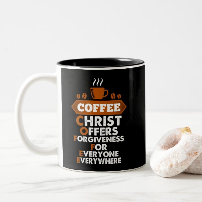 Coffee Christ Offers Forgiveness For Everyone Two-Tone Coffee Mug (With Donut)