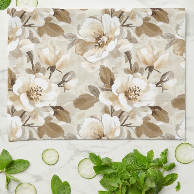 Coffee Cocoa Cream Floral Kitchen Towel (Folded)