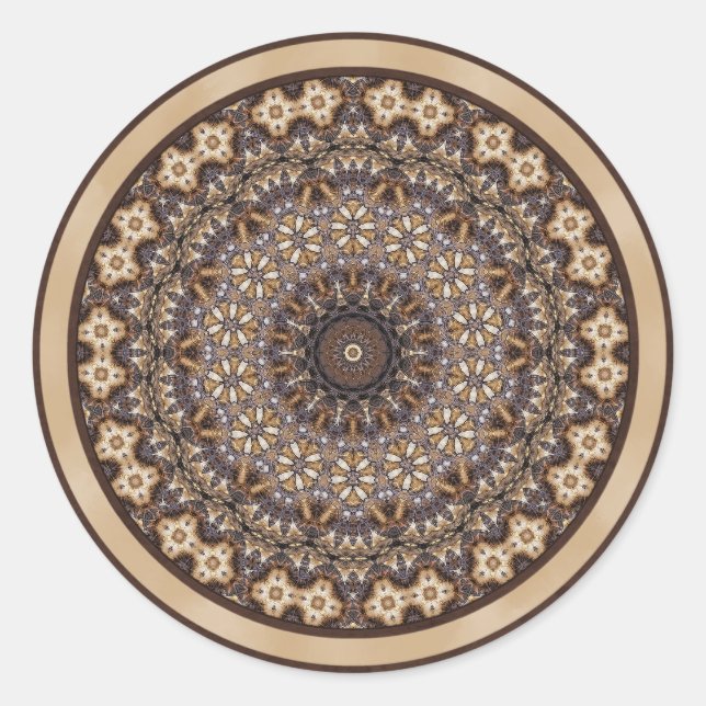 Coffee Colours Abstract Mandala Classic Round Sticker (Front)