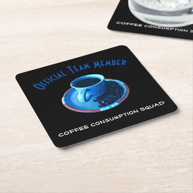 Coffee Consumption Squad | Blue Cup and Saucer Square Paper Coaster (Angled)