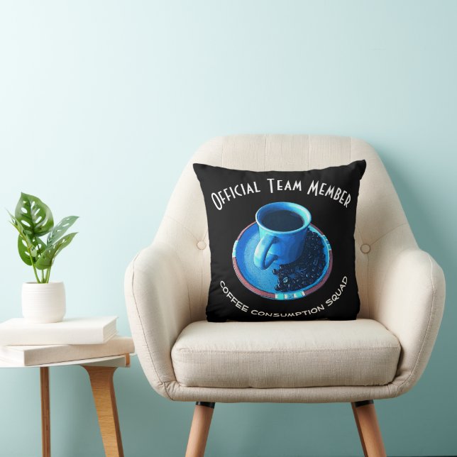 Coffee Consumption Squad | Blue Cup and Saucer Throw Pillow (Chair)