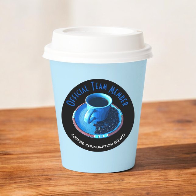 Coffee Consumption Squad Cup and Saucer Custom Classic Round Sticker (round 3" custom text sticker)