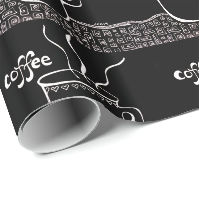 Coffee Cup Art in Black and White Wrapping Paper (Roll Corner)