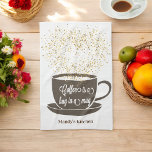 Coffee Cup Brown Glitter Heart Kitchen Towel<br><div class="desc">Brown White Coffee Kitchen Towel with Faux Glitter Sparkles Heart and Coffee Cup with Quote Coffee Is a Hug in a Mug.  Use personalize this template option to change the text.</div>