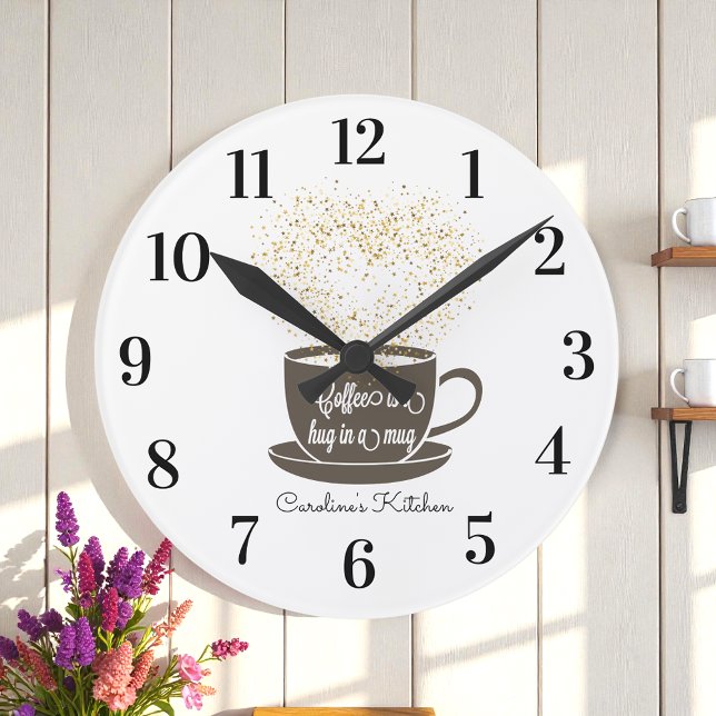 Coffee Cup Brown White Yellow Inspirational Quote Round Clock (Creator Uploaded)