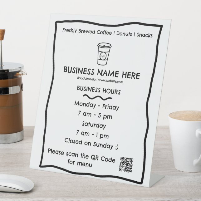 Coffee Cup Café Opening Hours QR Code Pedestal Sign (In SItu)