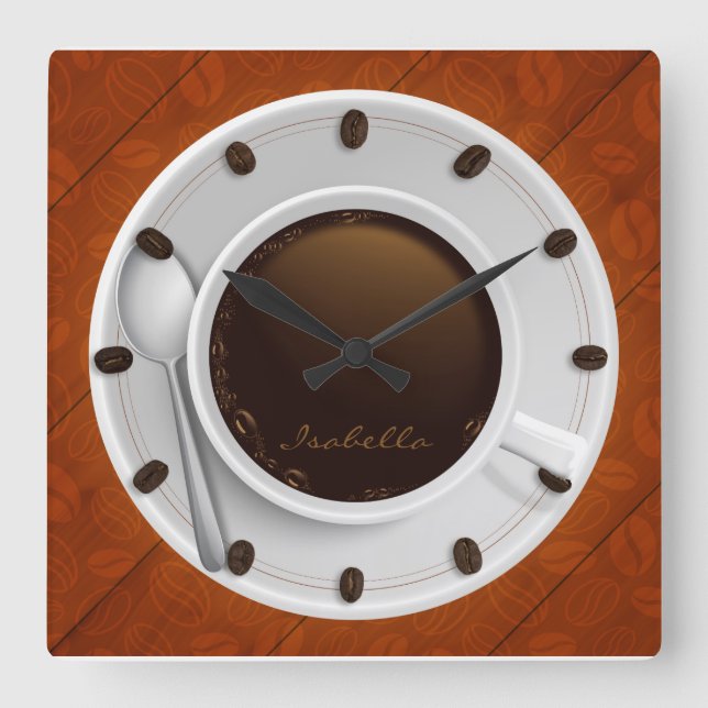 Coffee Cup & Coffee Beans Monogrammed Wall Clock (Front)