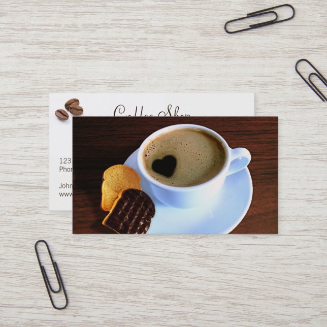 Coffee Cup Cookie Heart Shaped Foam | Your Logo Business Card (Front/Back In Situ)