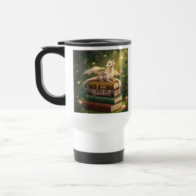 coffee cup Dragon on Stack Book - I am booked (Left)