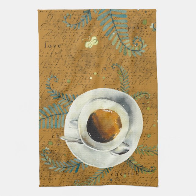 Coffee cup, love, peace, cherish, ferns  kitchen towel (Vertical)