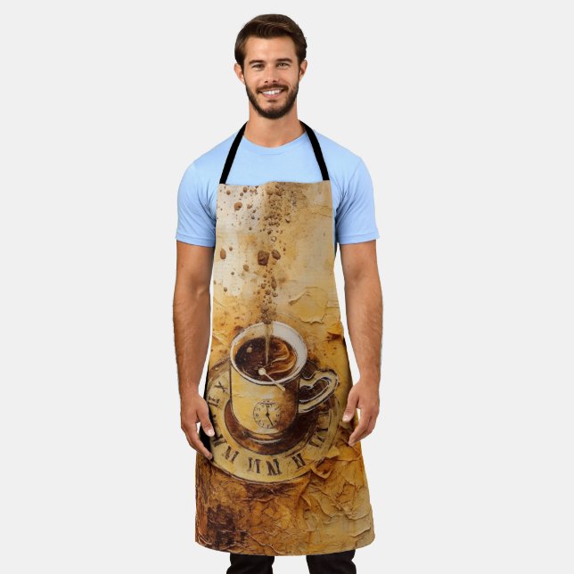 Coffee cup on clock apron (Worn)