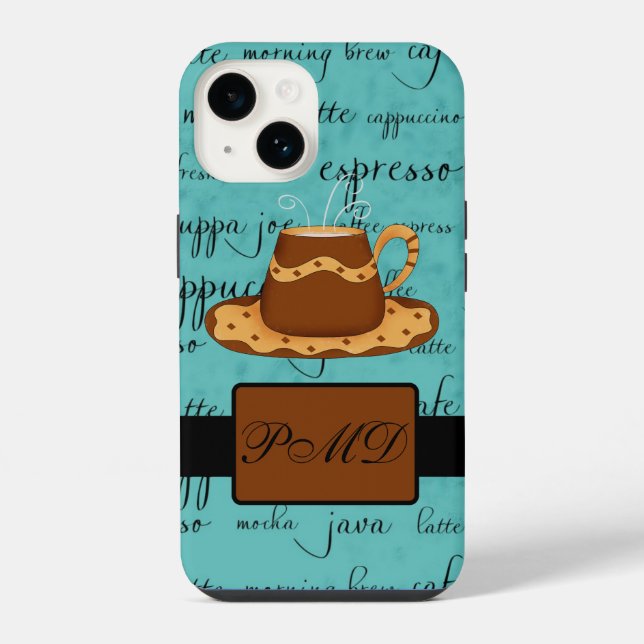 Coffee Cup Script Monogram Name Turquoise iPhone Case (Back)