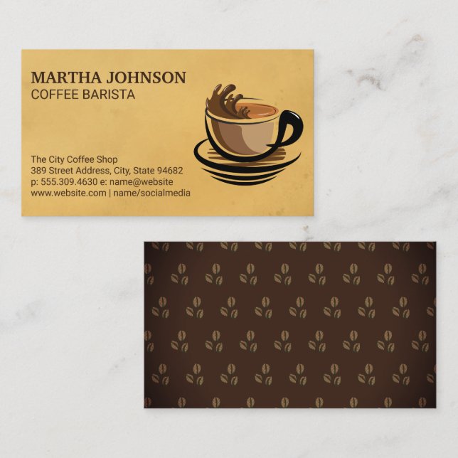 Coffee Cup Splash | Coffee Beans Pattern Business Card (Front/Back)