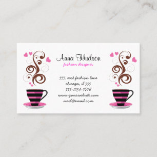 Coffee Cup, Swirls, Hearts - Pink Black Brown Business Card
