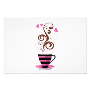 Coffee Cup, Swirls, Hearts - Pink Black Brown Photo Print