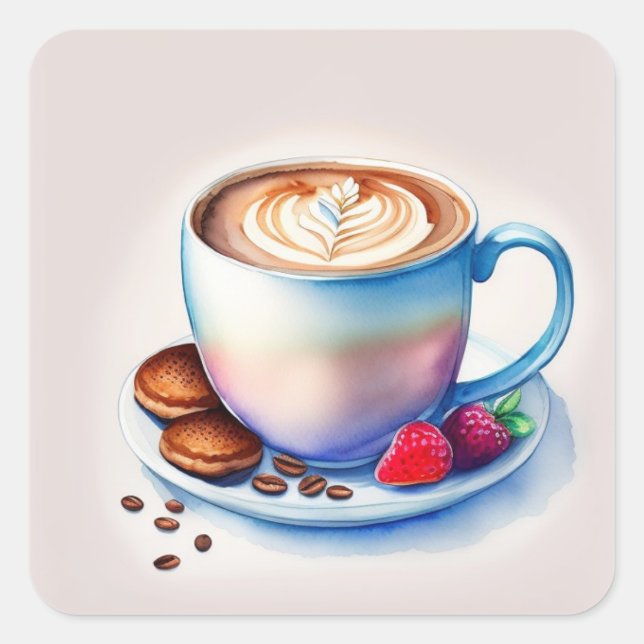 coffee cup watercolor square sticker (Front)
