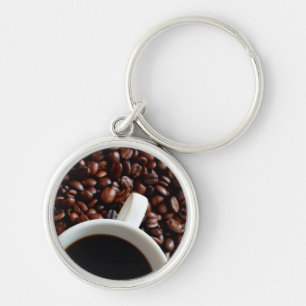 Coffee Cup with Coffee, Coffee Beans Background Keychain