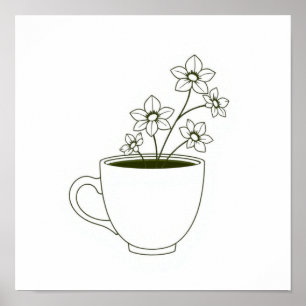 Coffee Cup with Floral Steam Line Art Poster