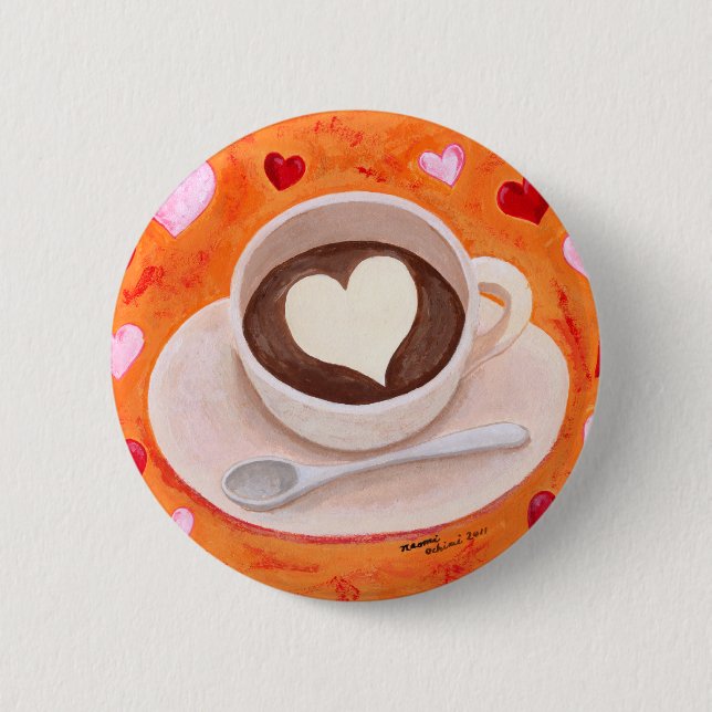 Coffee Cup with Hearts 2 Inch Round Button (Front)