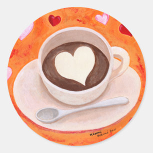 Coffee Cup with Hearts Classic Round Sticker
