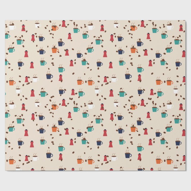 Coffee Cups and Beans Pattern Wrapping Paper (Flat)