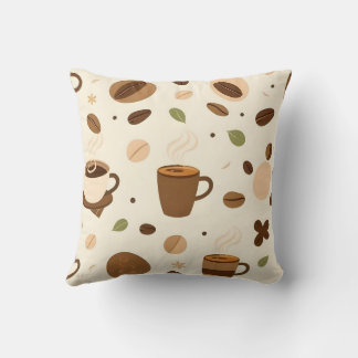 Coffee Cups, Beans & Steam Design Throw Pillow