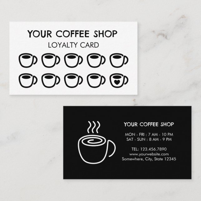 Coffee Cups Black Modern Coffee Shop Customer  Loyalty Card (Front/Back)