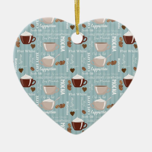 Coffee Cups Blue Vertical Lines Caffeine Grains Ceramic Ornament (Front)