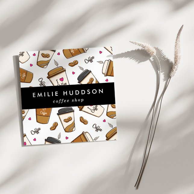 Coffee Cups, Coffee Beans, Barista, Coffee Shop Square Business Card (Creator Uploaded)