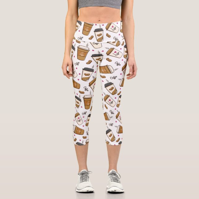 Coffee Cups, Coffee Beans, Coffee Lover, Hearts Capri Leggings (Front)