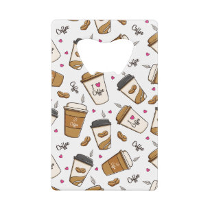 Coffee Cups, Coffee Beans, Coffee Lover, Hearts Credit Card Bottle Opener