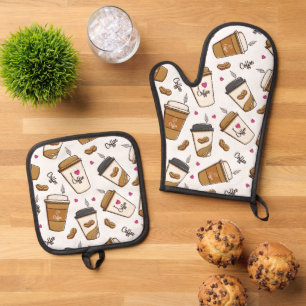 Coffee Cups, Coffee Beans, Coffee Lover, Hearts Oven Mitt & Pot Holder Set