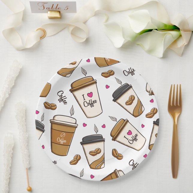 Coffee Cups, Coffee Beans, Coffee Lover, Hearts Paper Plate (Wedding)