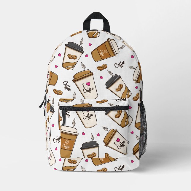 Coffee Cups, Coffee Beans, Coffee Lover, Hearts Printed Backpack (Front)